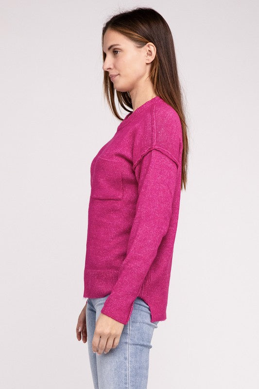 Zenana 9 Colors Melange Hi-Low Hem Round Neck Chest Pocket Sweater ZENANA