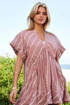 Davi & Dani Embroidery V Neck Short Sleeve Ruffled French Mauve Mini Dress