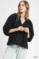Umgee Black Textured Notched Scallop Hem Balloon Sleeve Blouse Black