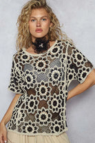 POL Black & Beige Openwork Short Sleeve Crochet Knit Top with Weave Knit Patterns BLACK BEIGE One Size