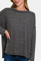 Zenana Black Exposed Seam Brushed Round Neck Sweater Shirts & Tops