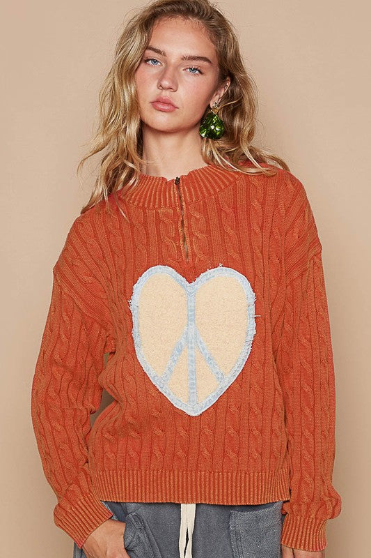 POL Orange Red Cable-Knit Peace Patch Dropped Shoulder Sweater