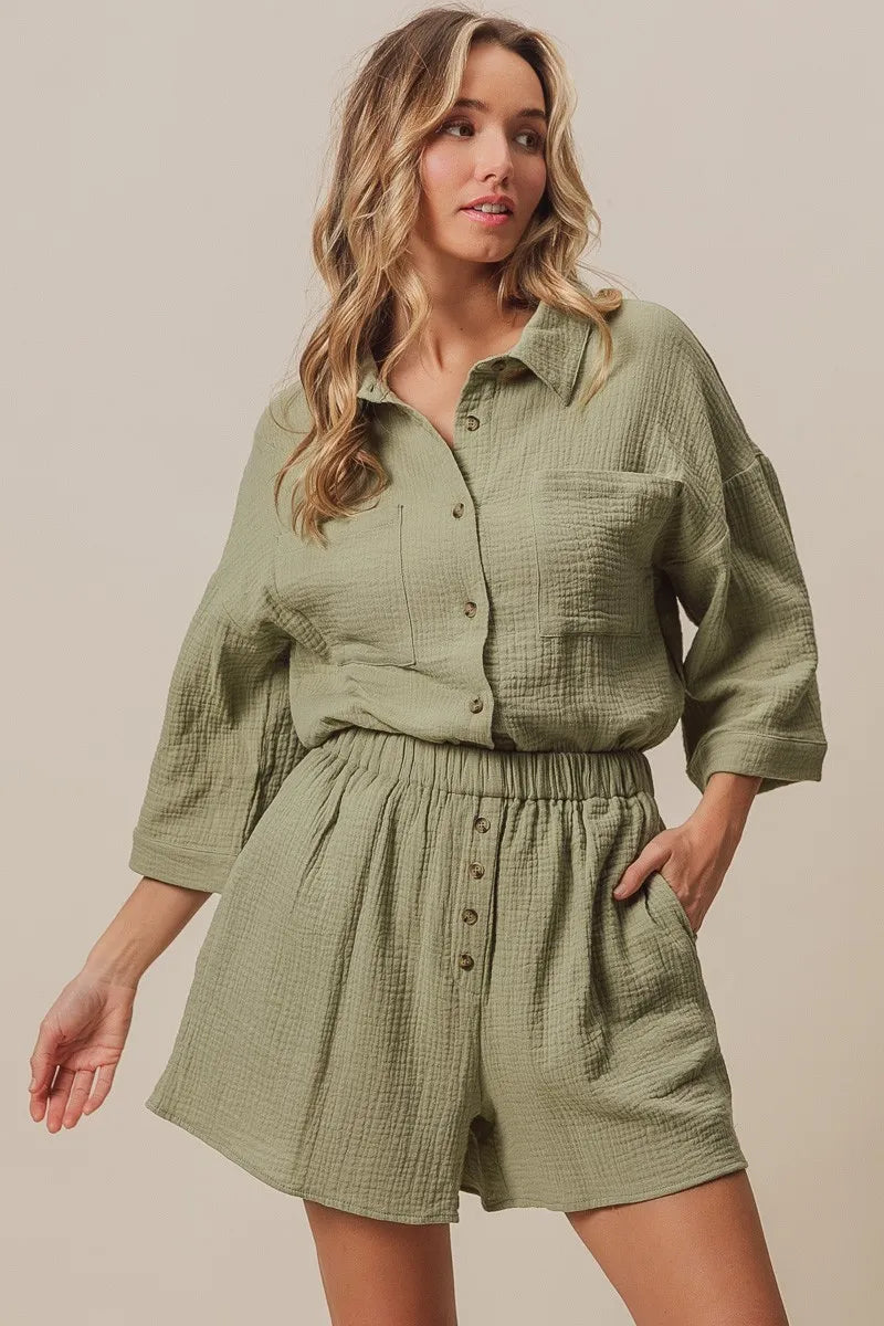 BiBi Sage Crinkle Gauze Shirt and Short Set
