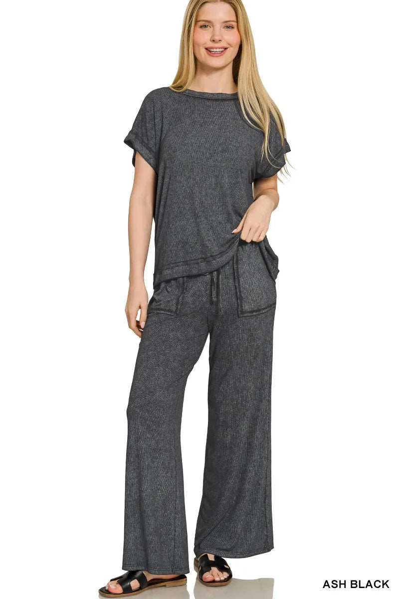 Zenana Black Ribbed Acid Wash Rayon Top & Pants Set ASH BLACK
