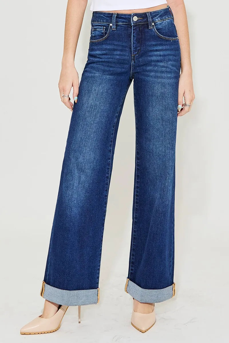 RISEN Tummy Control High Rise Wide Leg Cuffed Jeans Plus Size