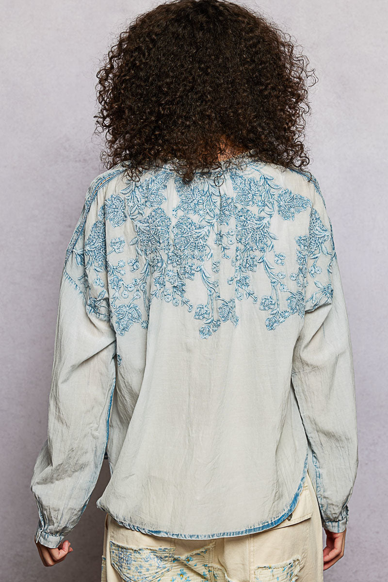 POL Denim Blue Floral Embroidered Button Down Long Sleeve Shirt
