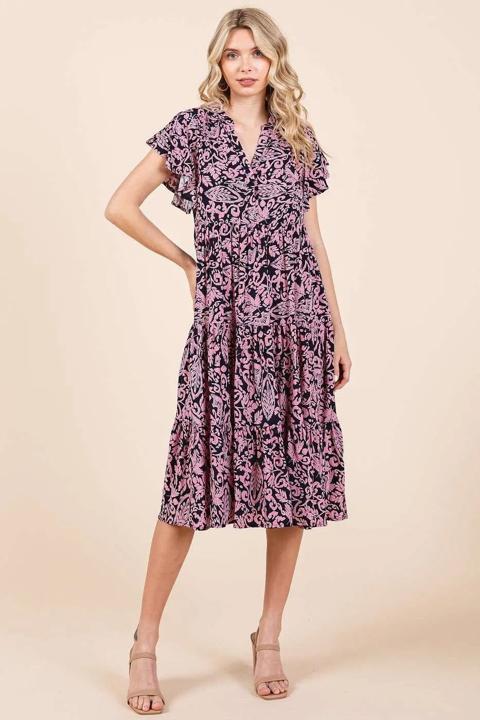 Mittoshop Abstract Print Ruffle Tier Midi Dress DEEP NAVY