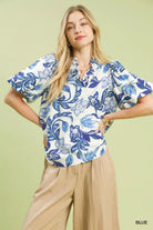 Umgee Blue Lush Blossom Print Puff Sleeve Top with Ruffle Trim Detail