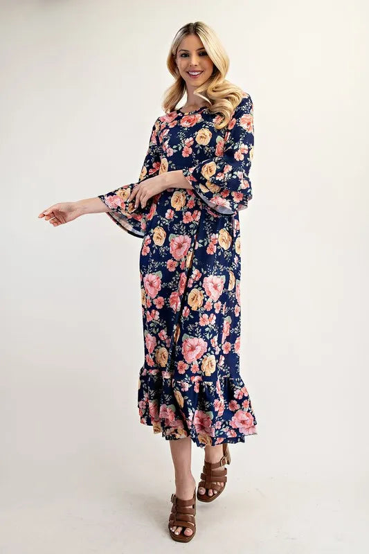 Celeste Soft Navy Floral Ruffle Trim Dress