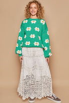 POL Shamrock Daisy Pattern Drop Shoulder Balloon Sleeve Sweater Trendsi