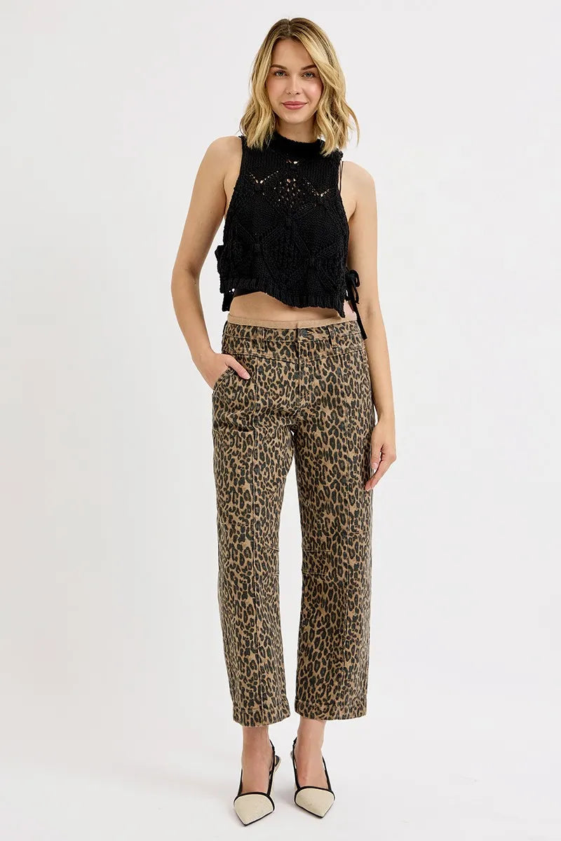 RISEN Leopard Mid Rise Crop Relaxed Jeans