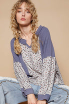 POL Waffle Knit Floral Notched Long Sleeve Top in Dusty Blue Shirts & Tops