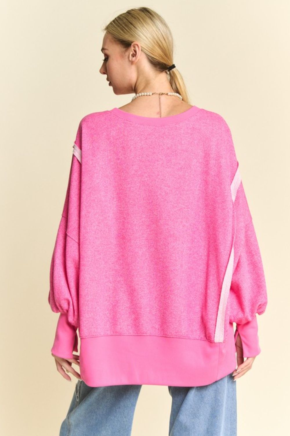 Davi & Dani Fuchsia Pink Side Slit High-Low Lantern Sleeve Knit Top Trendsi