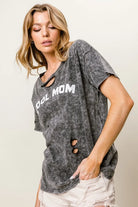 BiBi Black Charcoal Washed Laser Cut Detail Cool Mom Print Top