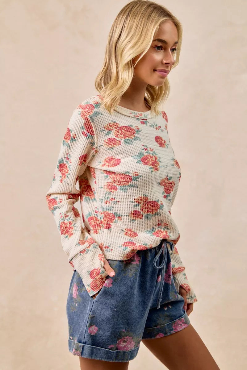 BiBi Oatmeal Floral Print Washed Waffle Thermal Top With Thumb
