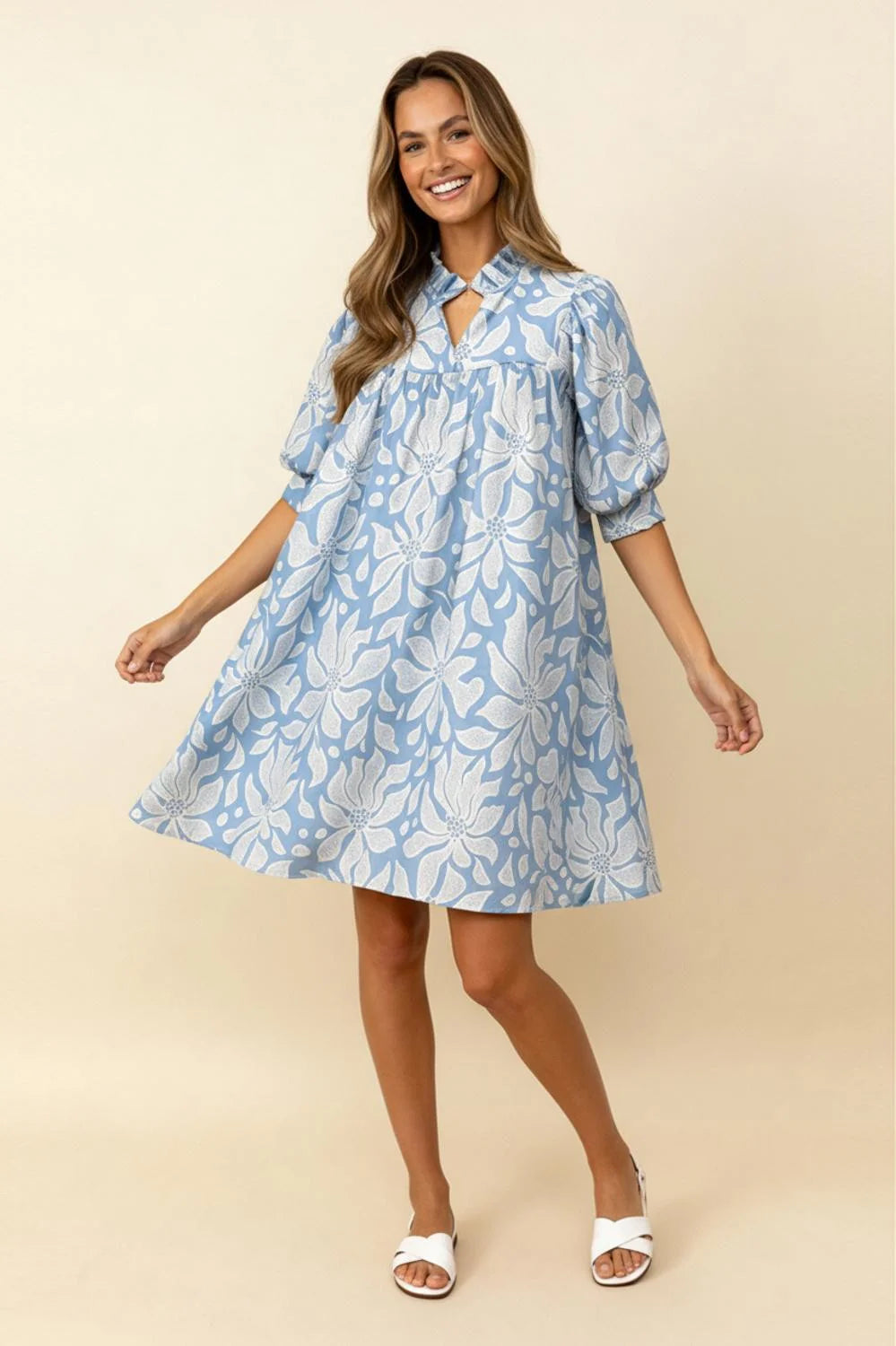 Haptics Frilled Notch Neck Yoke Floral Woven Dress