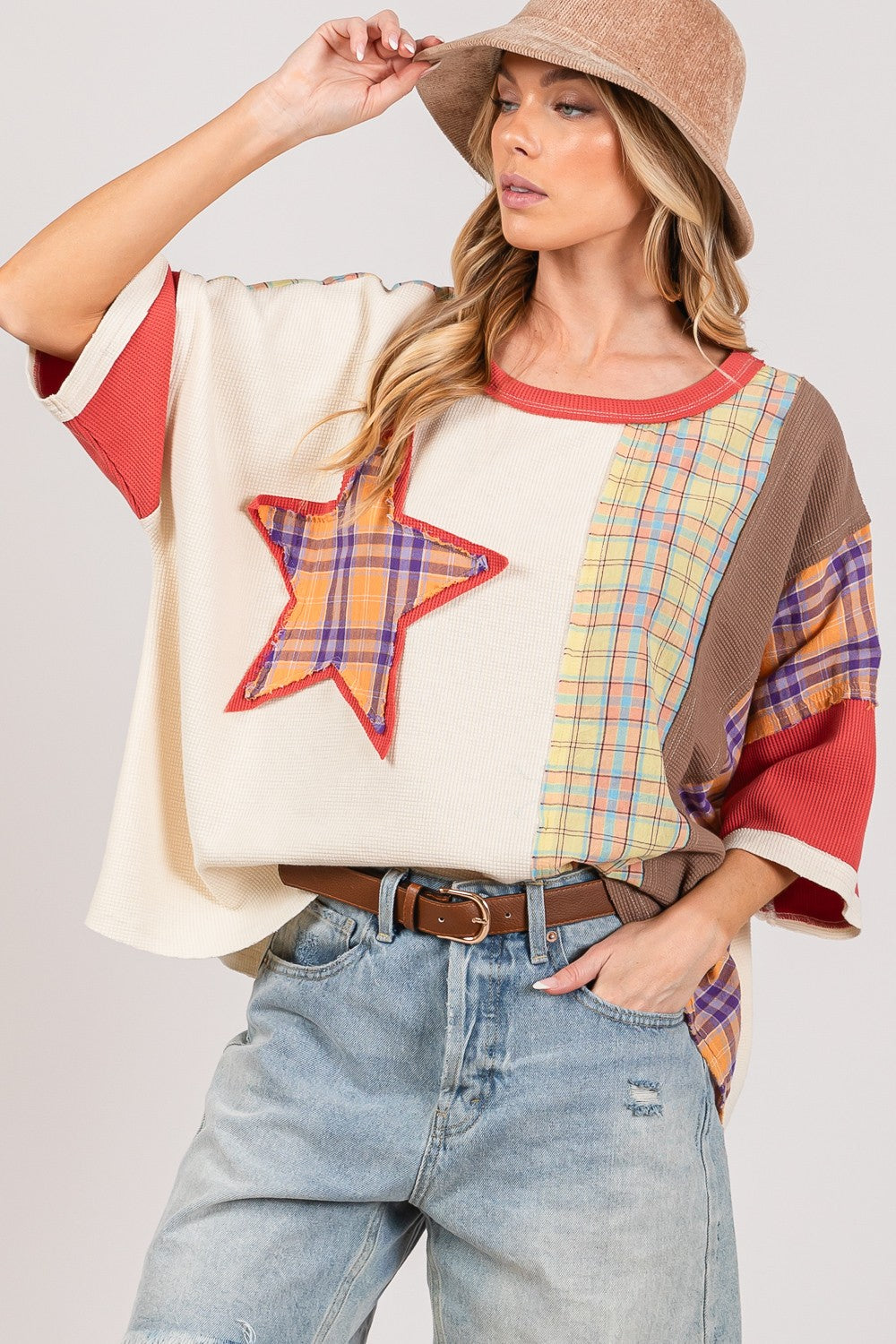 SAGE + FIG Round Neck Plaid Star Patch T-Shirt in Berry Trendsi