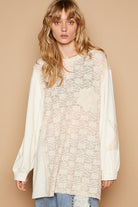 POL Round Neck Long Sleeve Crochet Patches Top Cream Beige