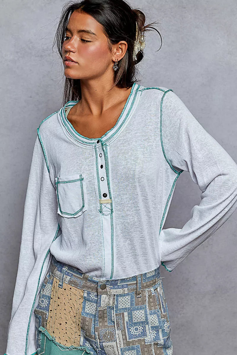 POL Off White Round Neck Long Sleeve Top with Contrast Stitching