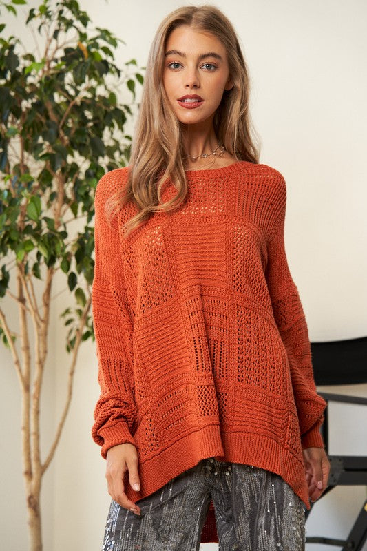 Davi & Dani Orange Openwork Side Slit Drop Shoulder Knit Cover Up