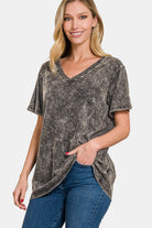 Zenana Dark Grey Acid Washed Short Sleeve V-Neck T-Shirt Shirts & Tops