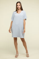 Zenana Woven Airflow V Neck T-Shirt Dress with Pockets ZENANA