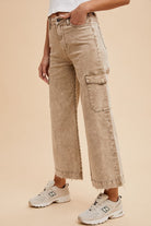 Annie Wear Washed Camel Raw Hem Wide Leg Jeans with Cargo Pockets