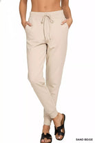 Zenana Sand Beige Drawstring Cotton Joggers with Pockets SAND BEIGE
