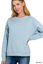 Zenana Ash Blue Fleece Round Neck Ribbed Side Raglan Sweatshirt ASH BLUE
