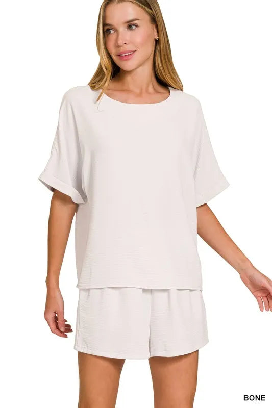 Zenana Bone Woven Airflow Top & Shorts Set BONE