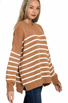 Zenana Deep Camel Exposed Seam Striped Oversized Sweater