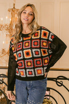 BiBi Black Multi Color Granny Square Front Long Sleeve Top Black Multi