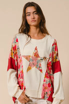 BiBi Floral Print Mixed Star Patch Round Neck Sweatshirt OATMEAL RUST