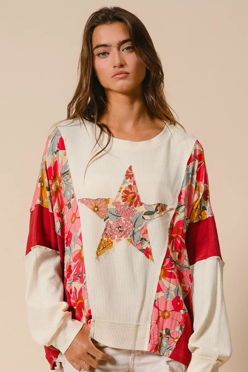 BiBi Floral Print Mixed Star Patch Round Neck Sweatshirt OATMEAL RUST