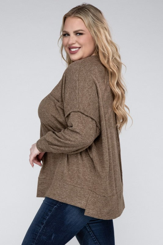 Zenana Plus Size Brushed Melange Drop Shoulder Sweater ZENANA