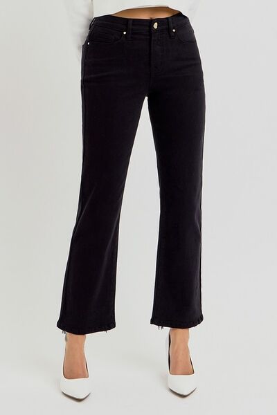 RISEN Black Tummy Control Elastic Band High Rise Crop Straight Jeans