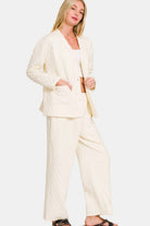 Zenana Beige Quilted Button Up Long Sleeve Top and Pants Lounge Set