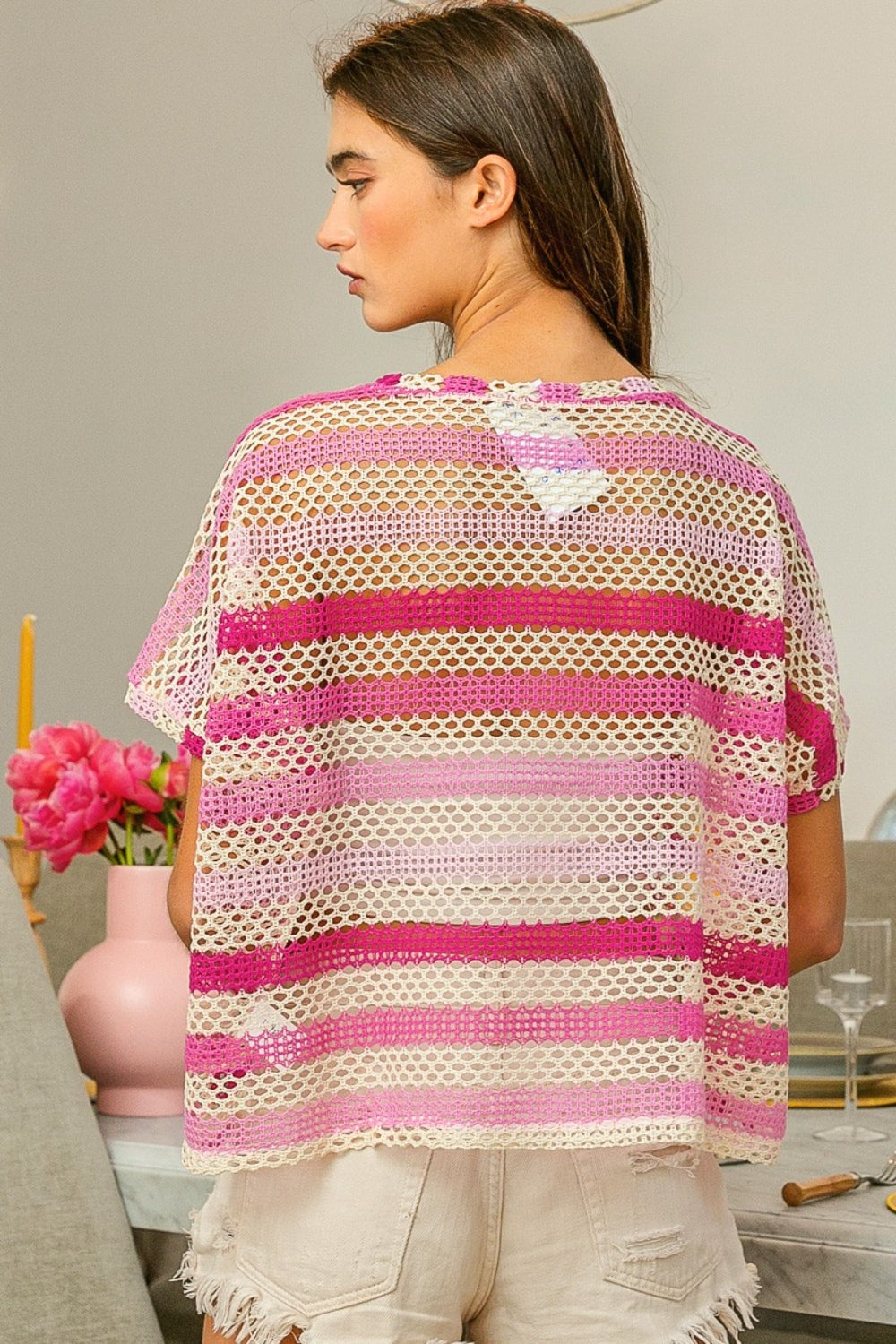 BiBi Fuchsia Combo Striped Openwork Short Sleeve Knit Cover Up Trendsi