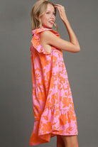 Umgee Pink & Orange Floral Print Ruffle Cap Sleeve Tiered Dress