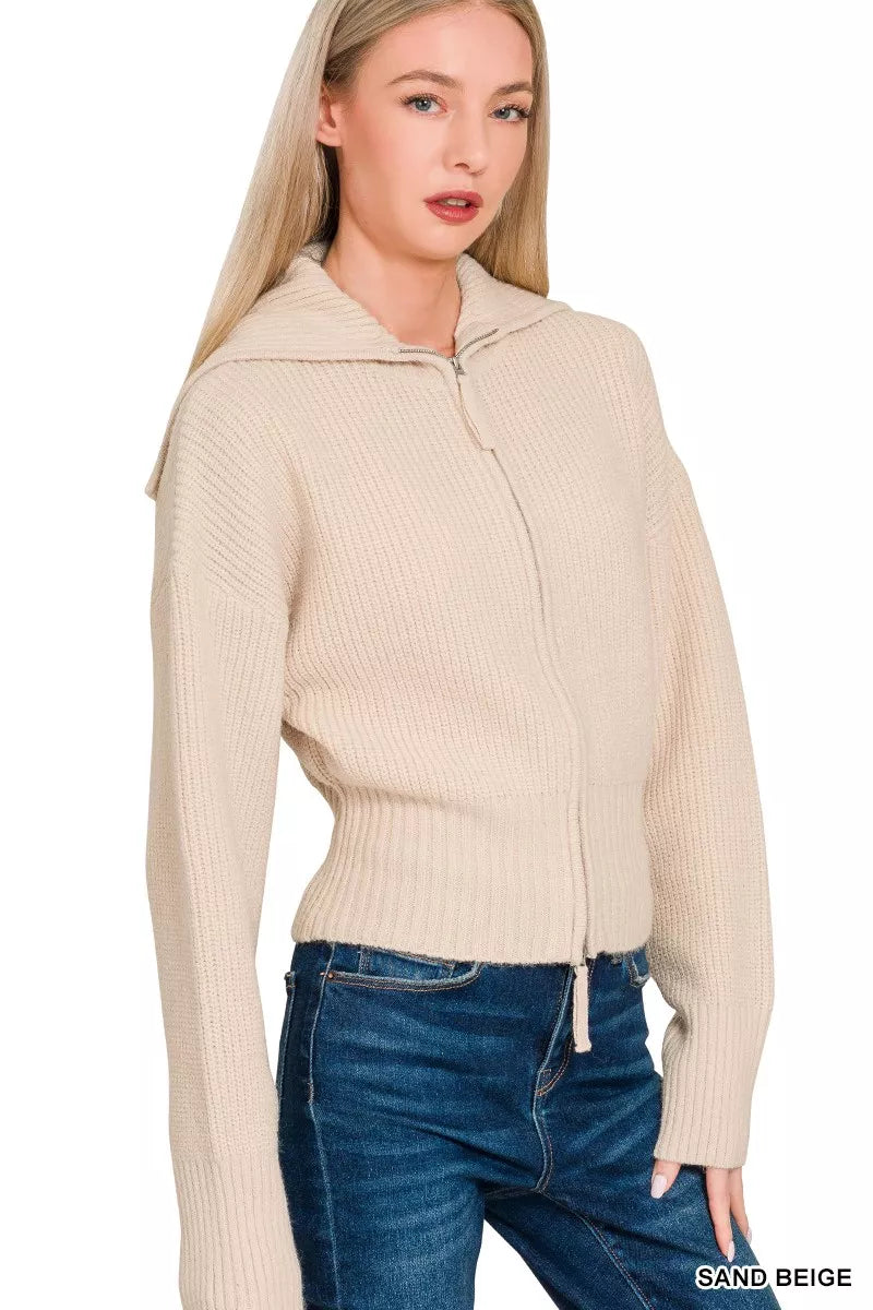 Zenana Sand Beige Ribbed Collared Zip Up Sweater Cardigan