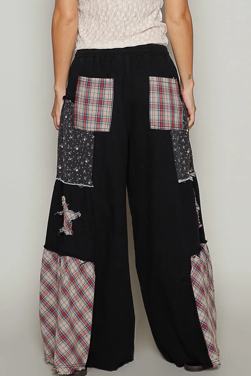 POL Black Star Patch Contrast Chambray Wide Leg Pants