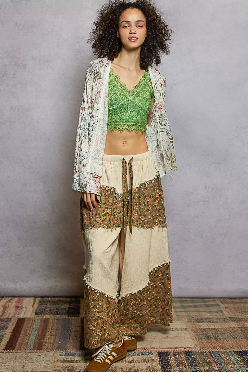 POL Ivory Floral Open Front Floral Cardigan with Center Open Fringe