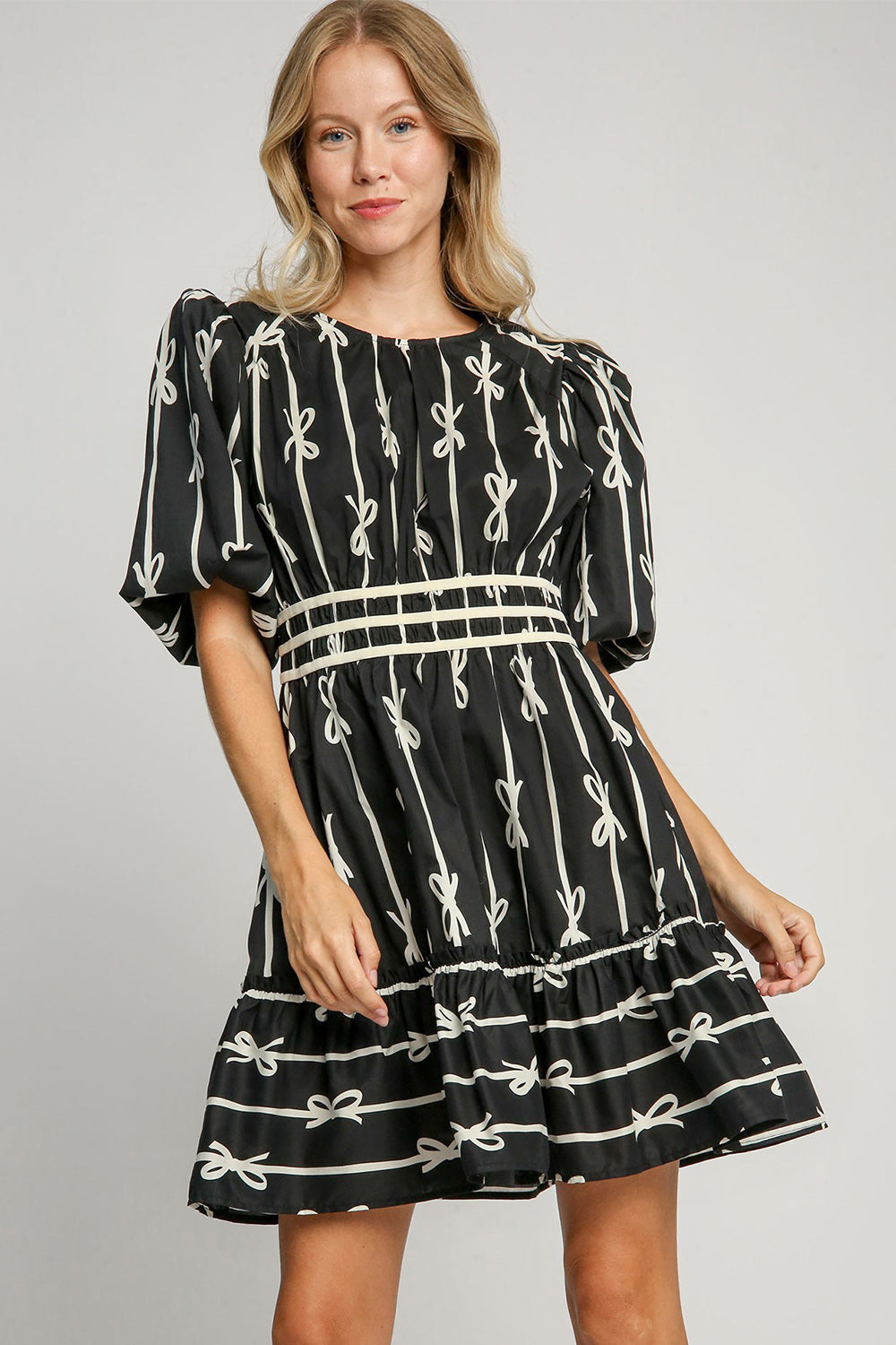 Umgee Ribbon Print Frill Contrast Velvet Trim Half Sleeve Dress in Black Dresses