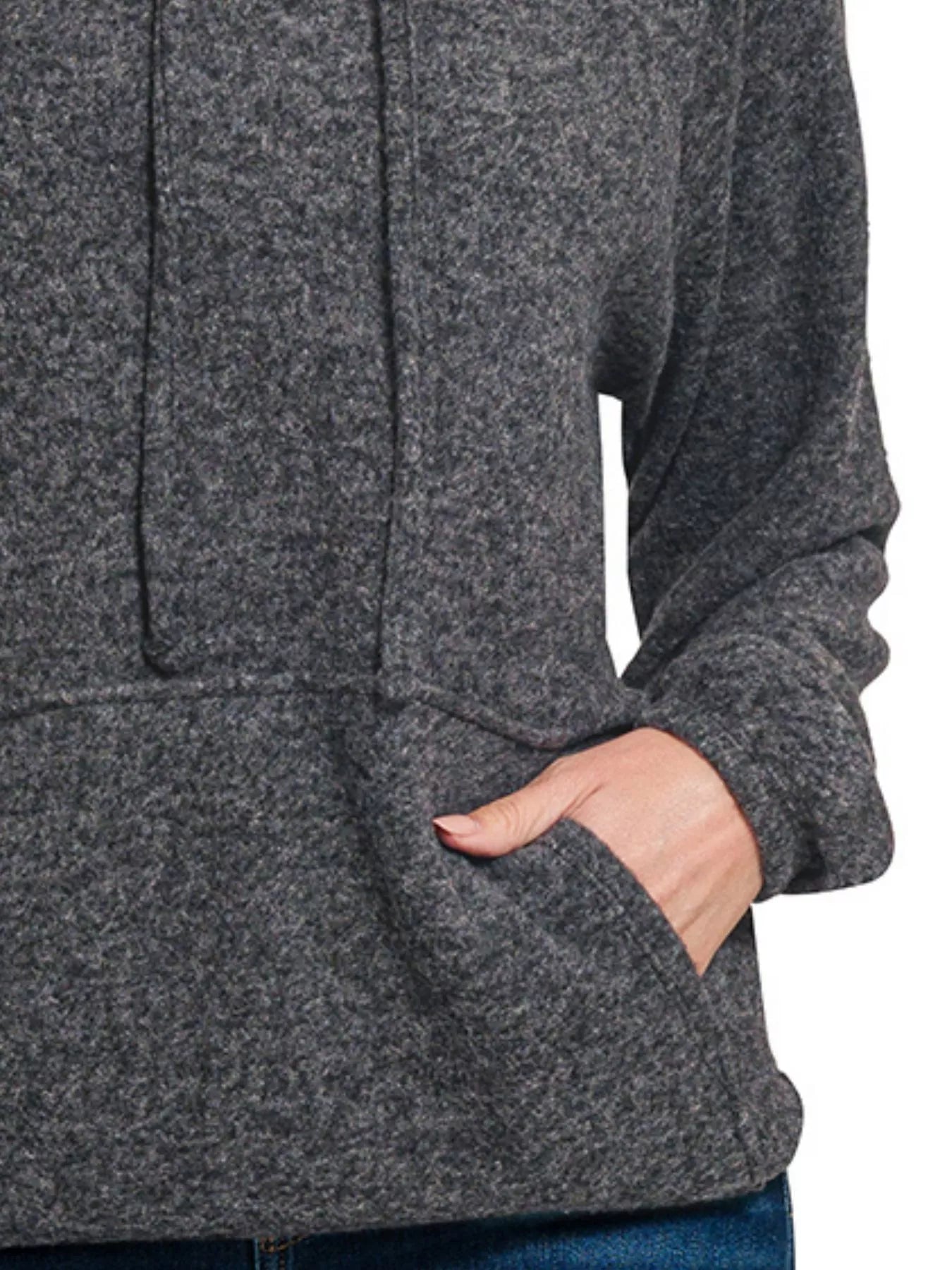 Zenana Black Brushed Hacci Melange Hooded Sweater