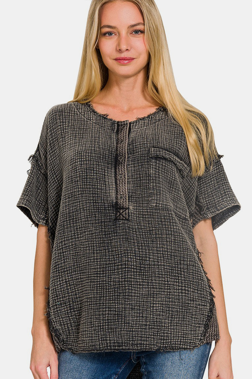 Zenana Ash Black Washed Texture Half Button T-Shirt Trendsi