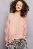POL Blush Pink Round Neck Long Sleeve Exposed Seam Top with Chest Pocket