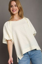 Umgee Cream Boxy Cut Jacquard Round Neck Top with Side Slit