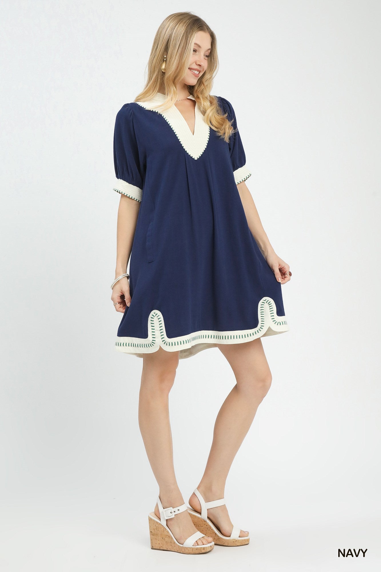 Umgee Navy Linen Contrast Trim Midi Dress NAVY