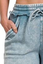 Zenana Blue Gray Acid Wash Fleece Drawstring Shorts With Pockets