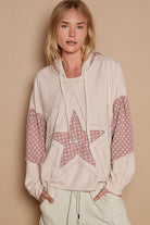 POL Dusty Rose Star Patchwork Raw Edge French Terry Hoodie Dusty Rose Trendsi